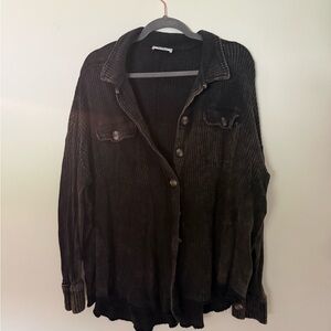 Washed Black Waffle Texture Button-Up Shirt